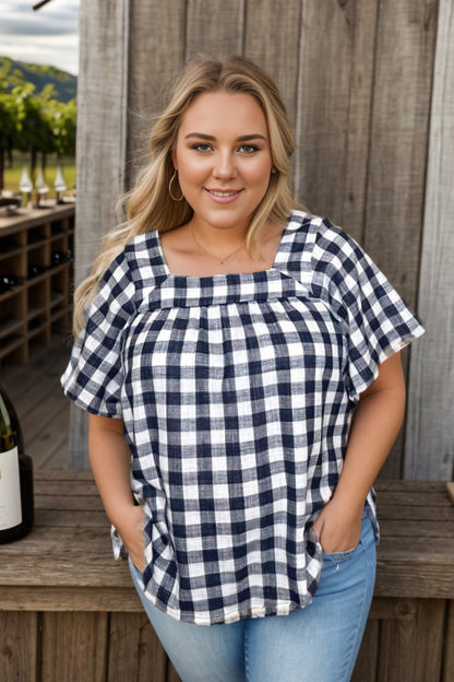 Navy Plaid Short Sleeve Top