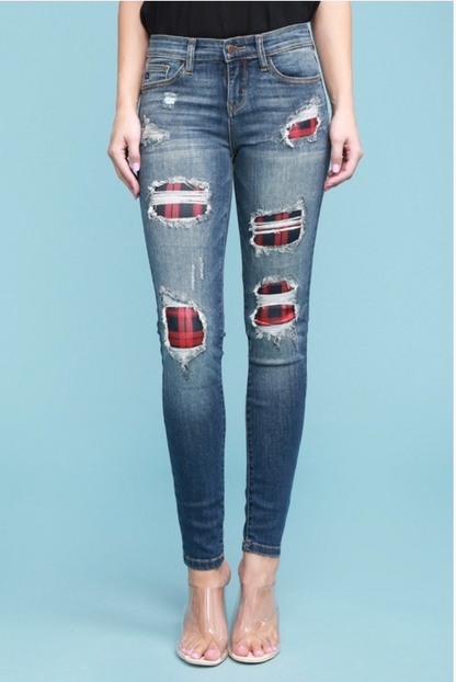 Red Plaid Patched Judy Blue Skinnies