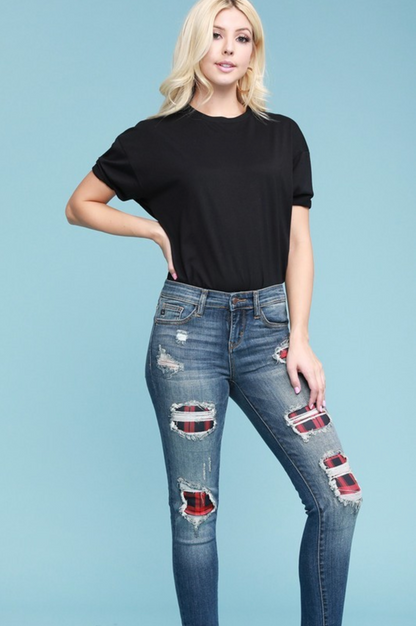 Red Plaid Patched Judy Blue Skinnies