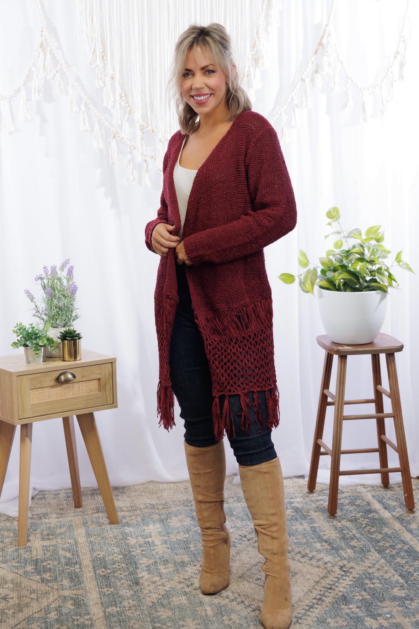 Tiana Fringed Cardigan - Wine