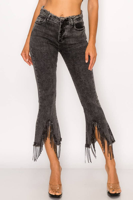 1365P - RHINESTONE FRINGE DENIM PANTS